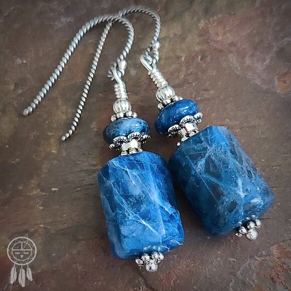 Blue Sodalite Earrings Sterling Silver Hooks Vintage Stock - Picture 5 of 12